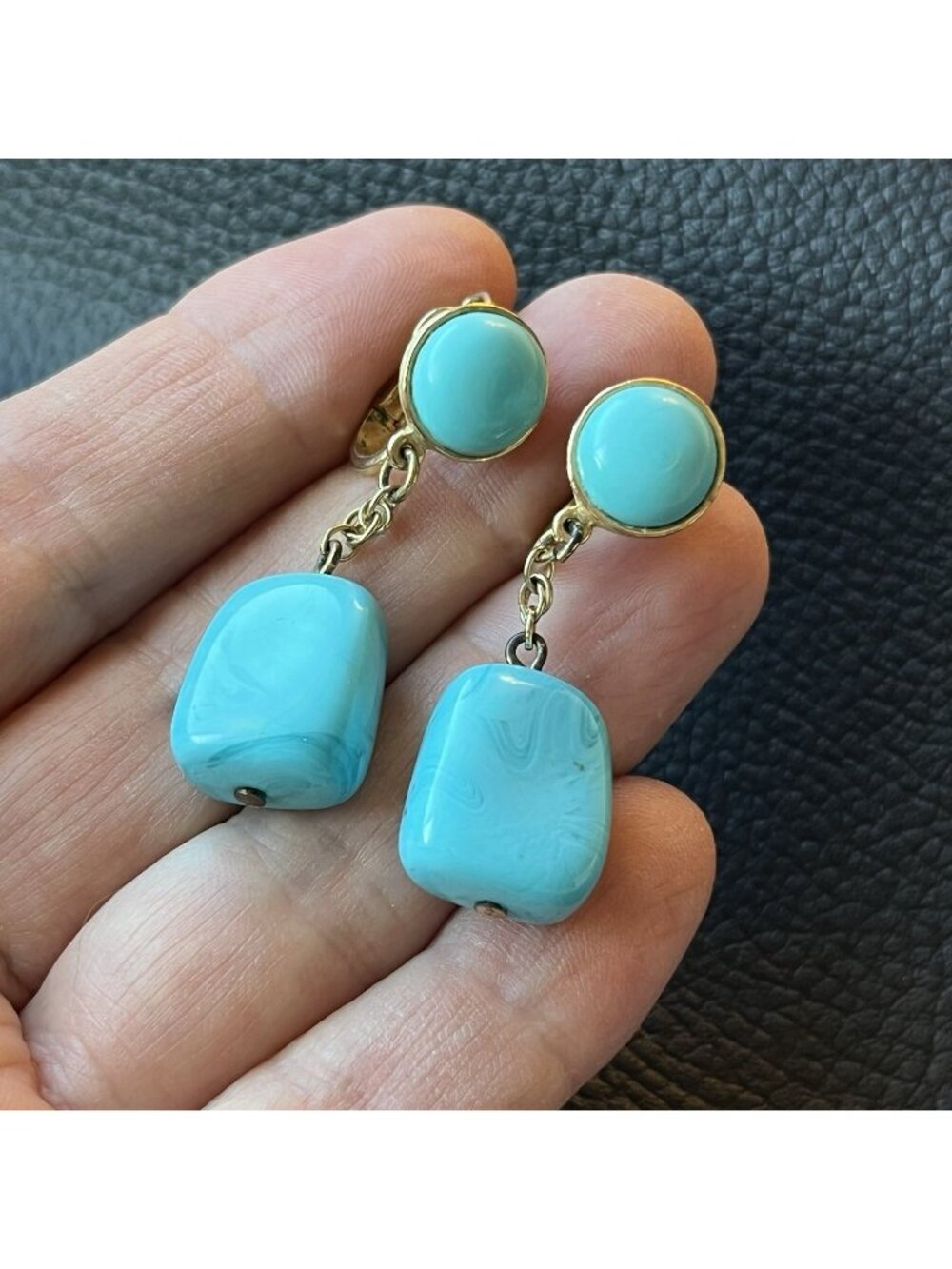 Signed Crown Trifari Dangle Drop Faux Turquoise Clip On Earrings Blue Gold Tone